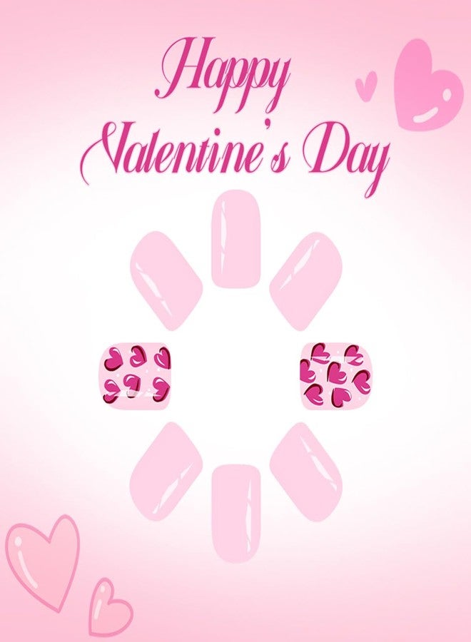 OSTTMA 24Pcs Pink Heart Press on Nails Short Square Fake Nails Valentine Nail Tips Cute Glossy Heart Glue on Nail Full Cover Valentines Stick on Nails for Women Manicure - Image 3